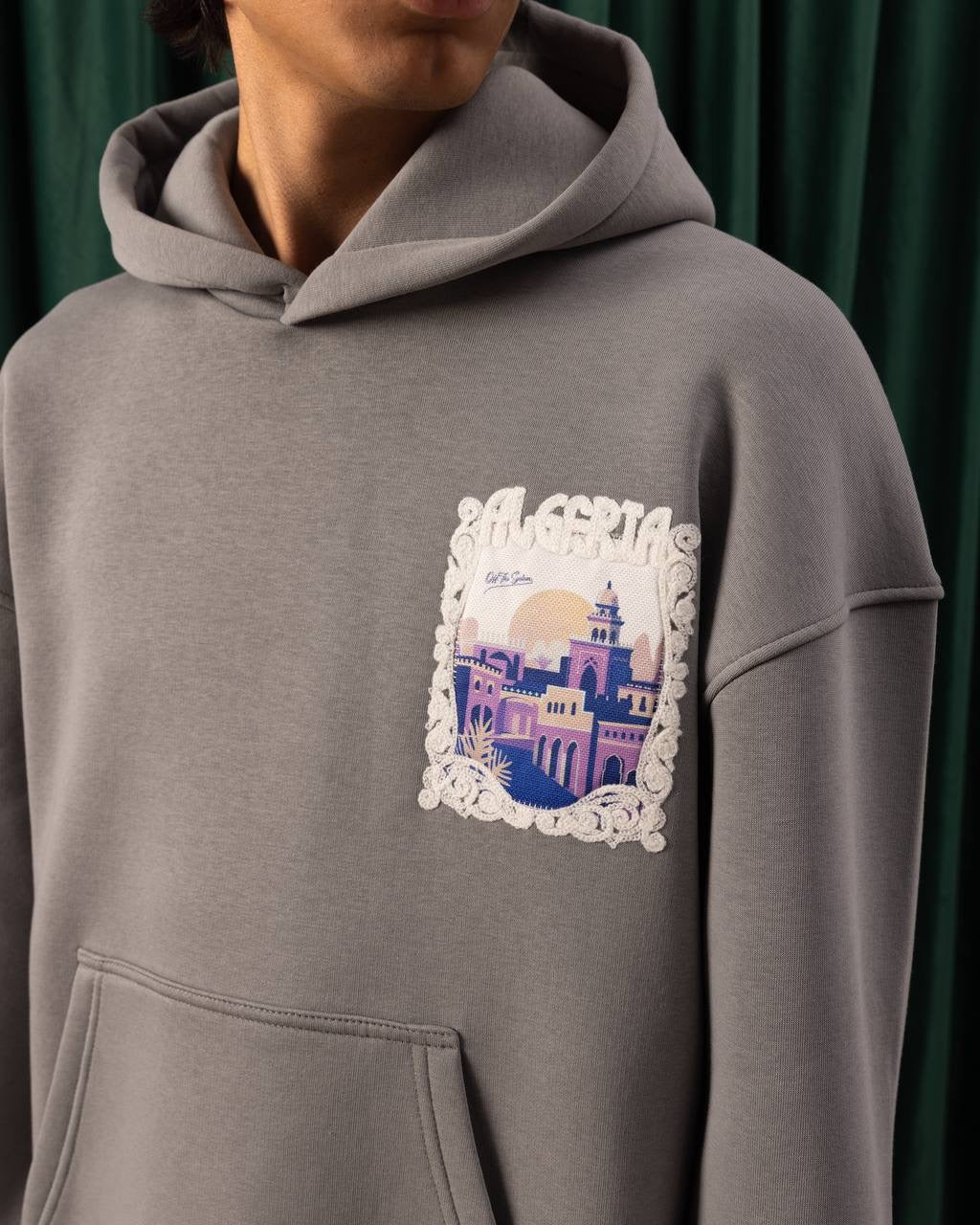 Men’s Grey Algeria Patch Hoodie – Travel-Inspired Graphic Streetwear
