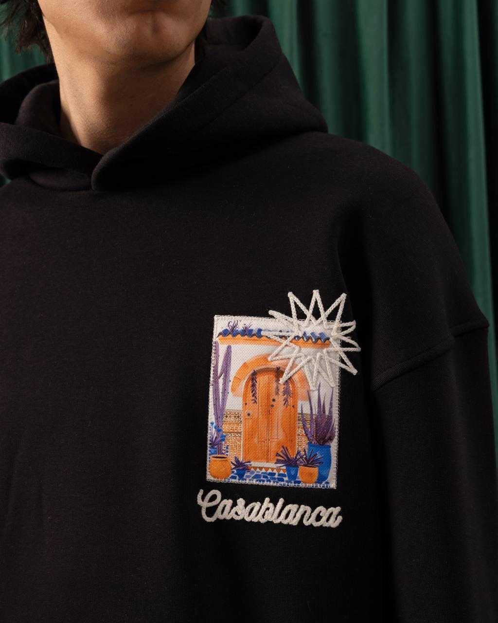 Men’s Black Casablanca Patch Hoodie – Travel-Inspired Streetwear