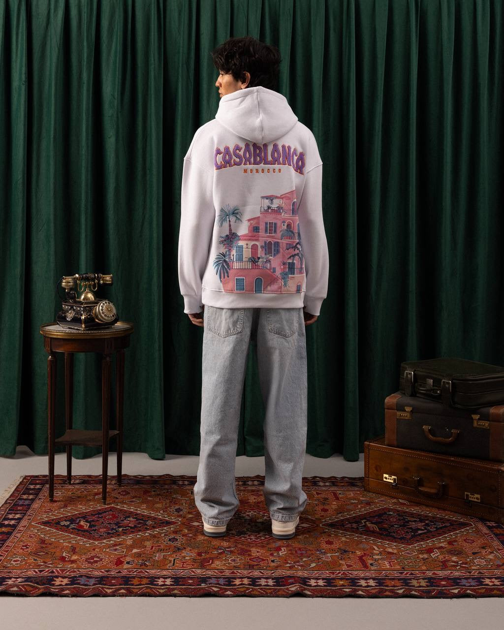 Men’s White Casablanca Patch Hoodie – Travel-Inspired Graphic Streetwear