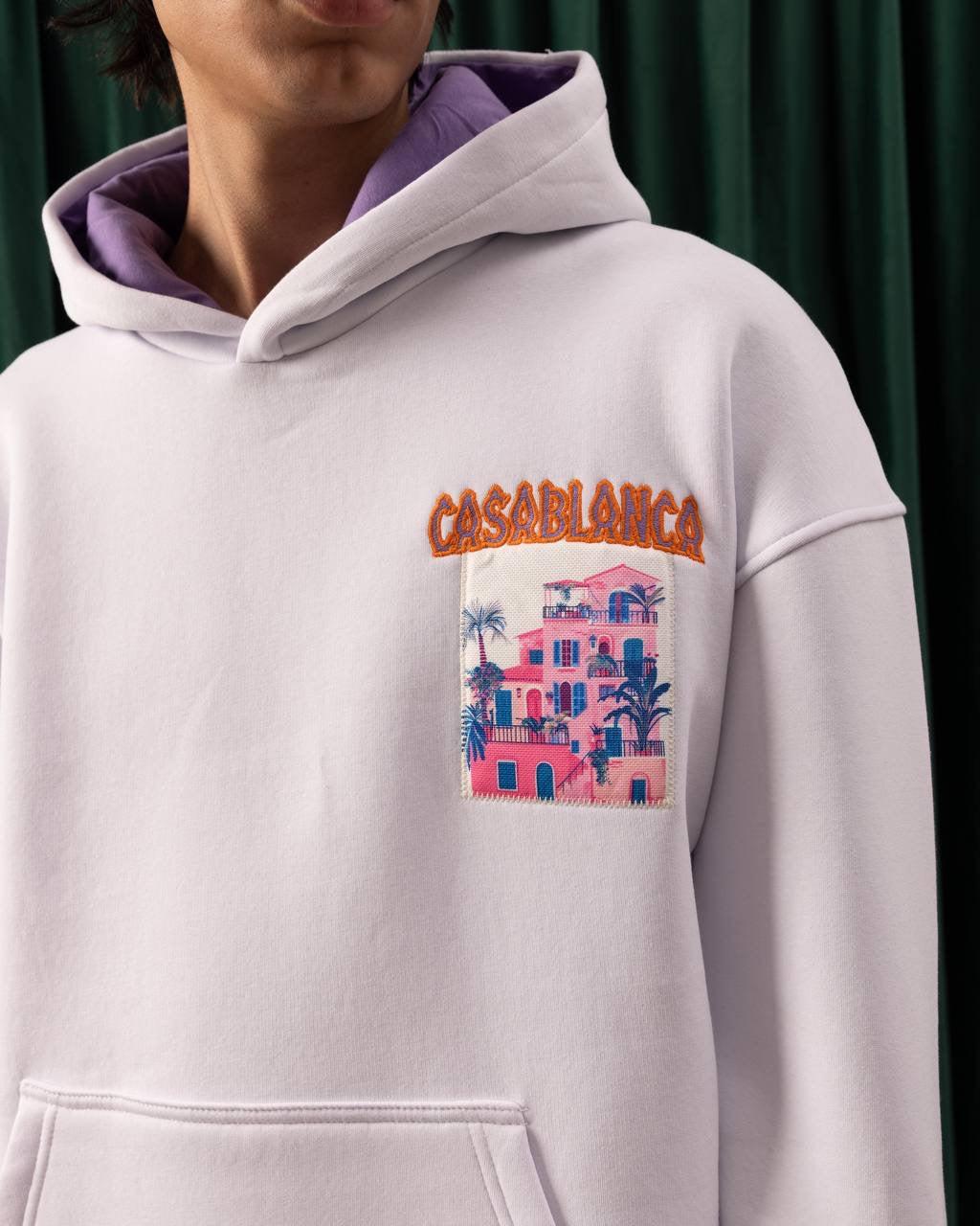 Men’s White Casablanca Patch Hoodie – Travel-Inspired Graphic Streetwear