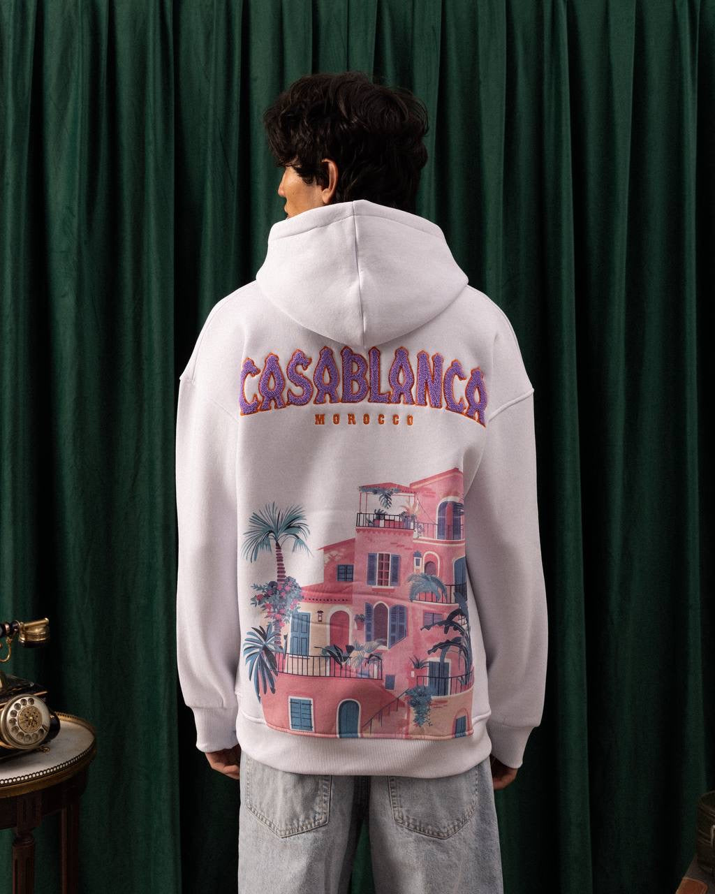 Men’s White Casablanca Patch Hoodie – Travel-Inspired Graphic Streetwear