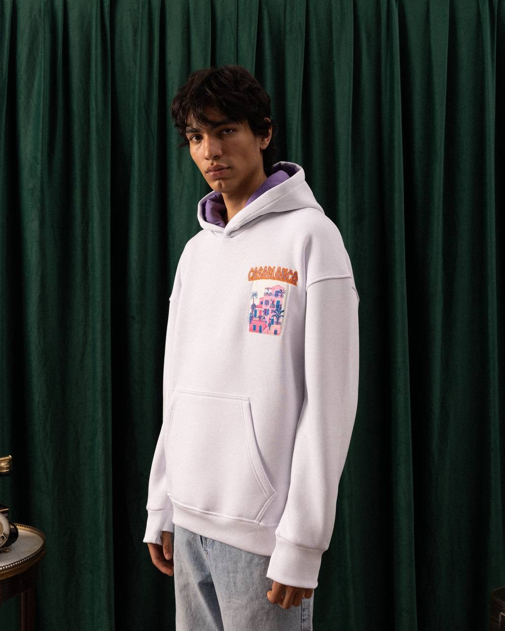 Men’s White Casablanca Patch Hoodie – Travel-Inspired Graphic Streetwear