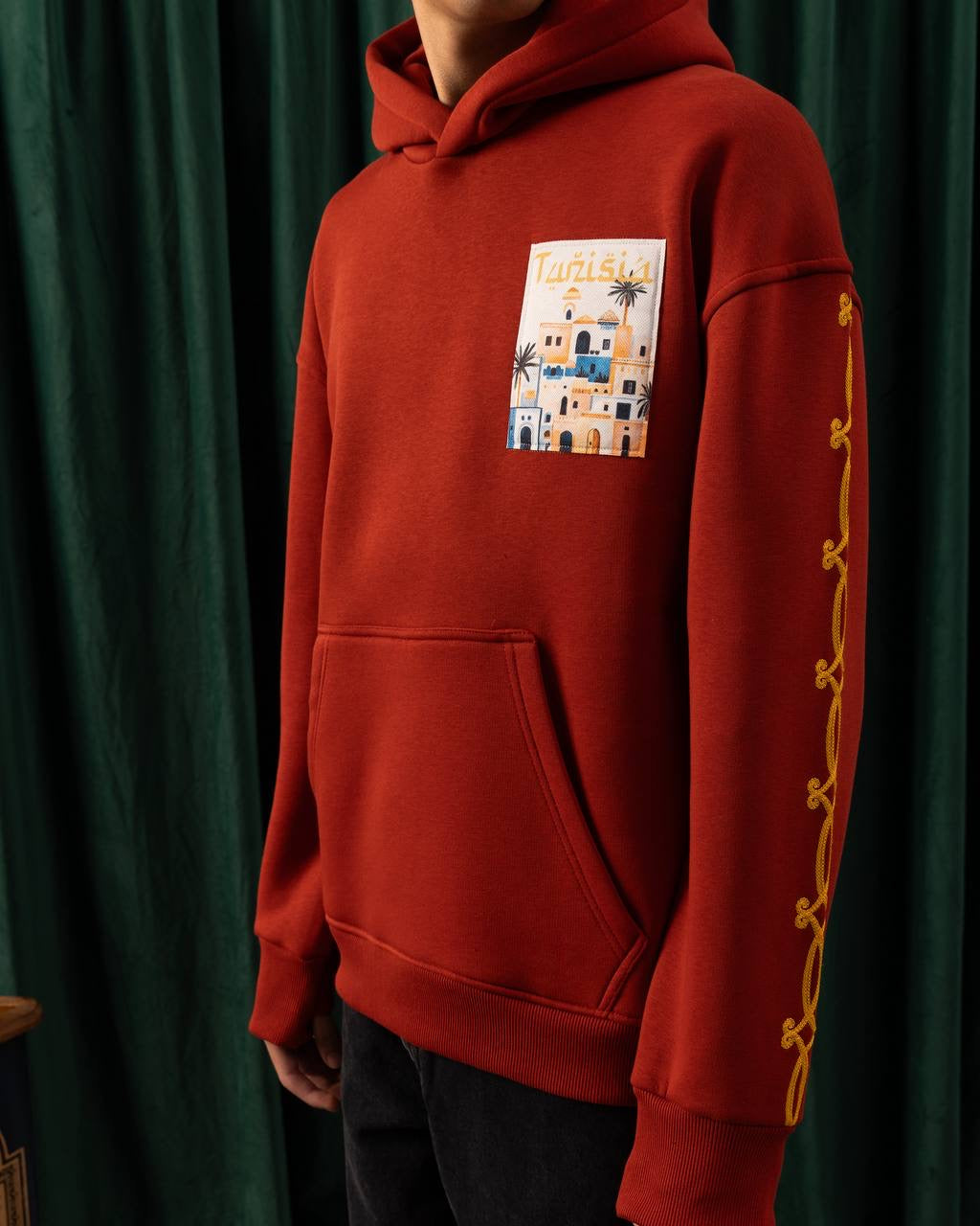 Men’s Red Tunisia Patch Hoodie – Travel-Inspired Streetwear