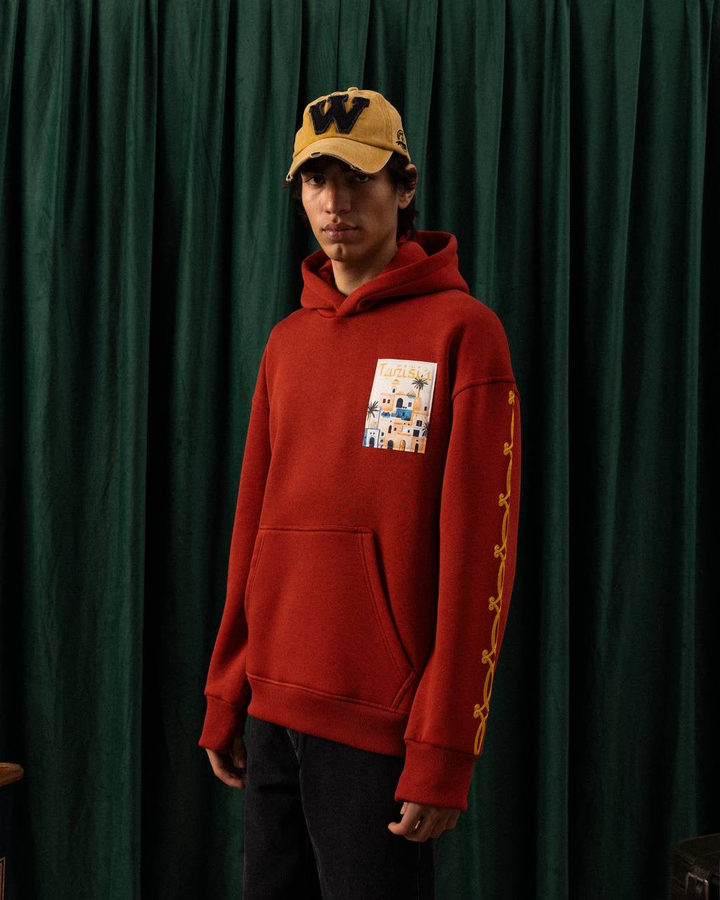 Men’s Red Tunisia Patch Hoodie – Travel-Inspired Streetwear