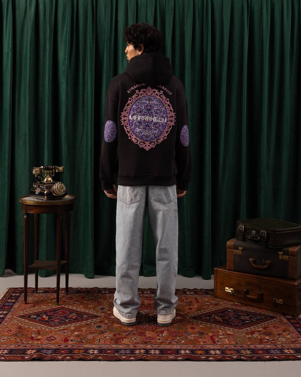 Men’s Black Marrakech Embroidered Hoodie – Moroccan Tile Back Design
