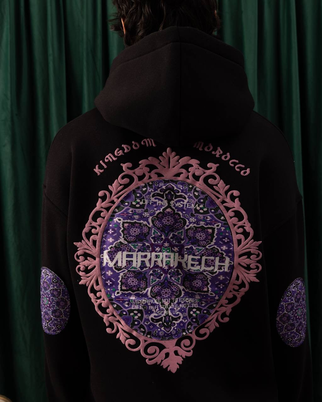 Men’s Black Marrakech Embroidered Hoodie – Moroccan Tile Back Design