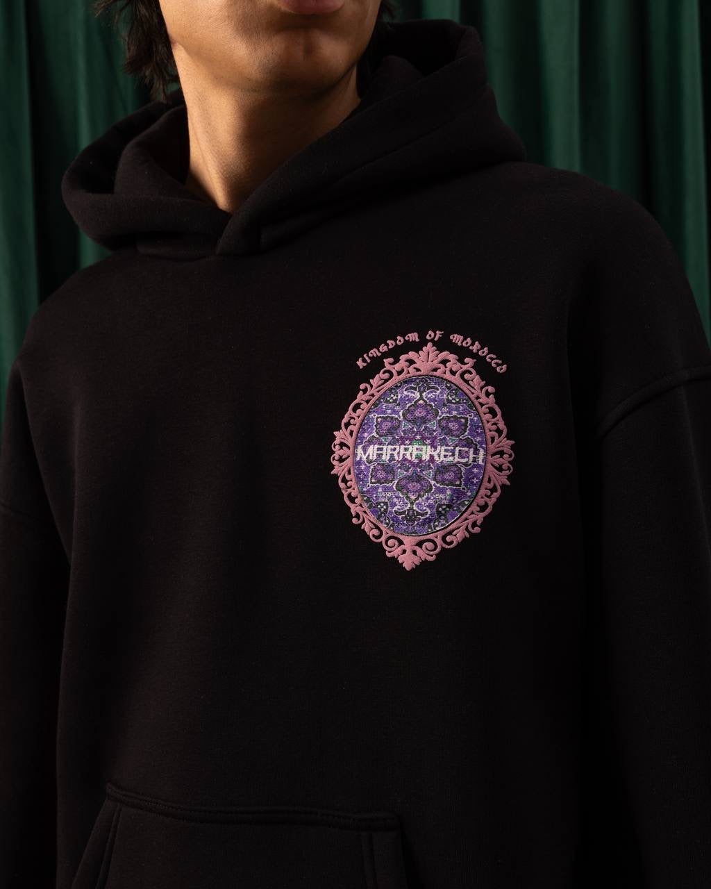 Men’s Black Marrakech Embroidered Hoodie – Moroccan Tile Back Design