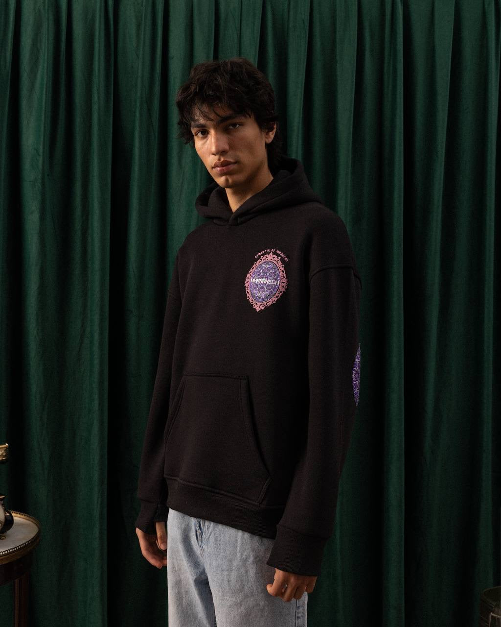 Men’s Black Marrakech Embroidered Hoodie – Moroccan Tile Back Design