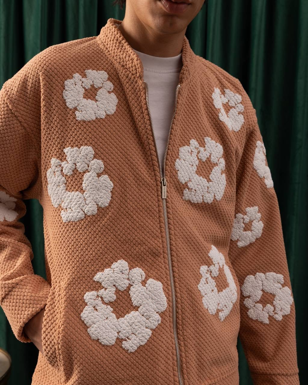 Men’s Camel Floral Embroidered Zip-Up Jacket – Textured Streetwear Style