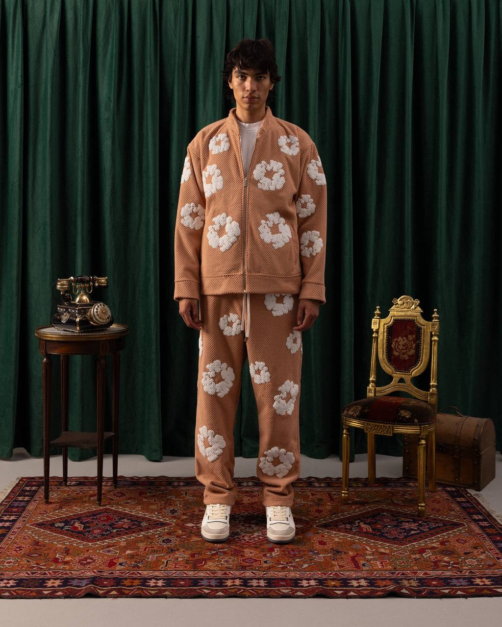 Men’s Camel Floral Embroidered Zip-Up Jacket – Textured Streetwear Style