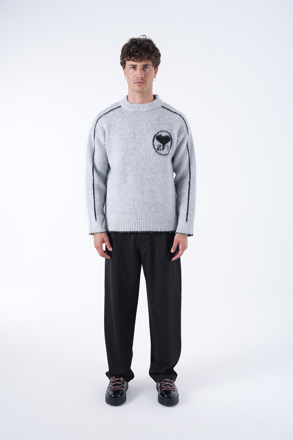 Men’s Fuzzy Knit Logo Sweater – White / Grey / Black