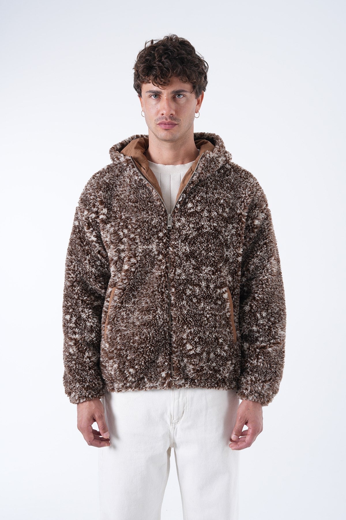 Men’s Sherpa Zip-Up Hoodie – Brown Frost Edition