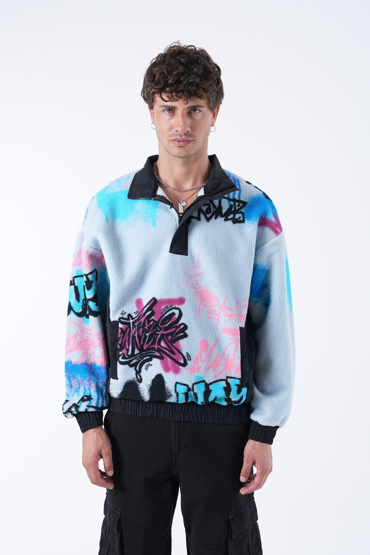 Graffiti Fleece Half-Zip Pullover – Urban Streetwear Vibes
