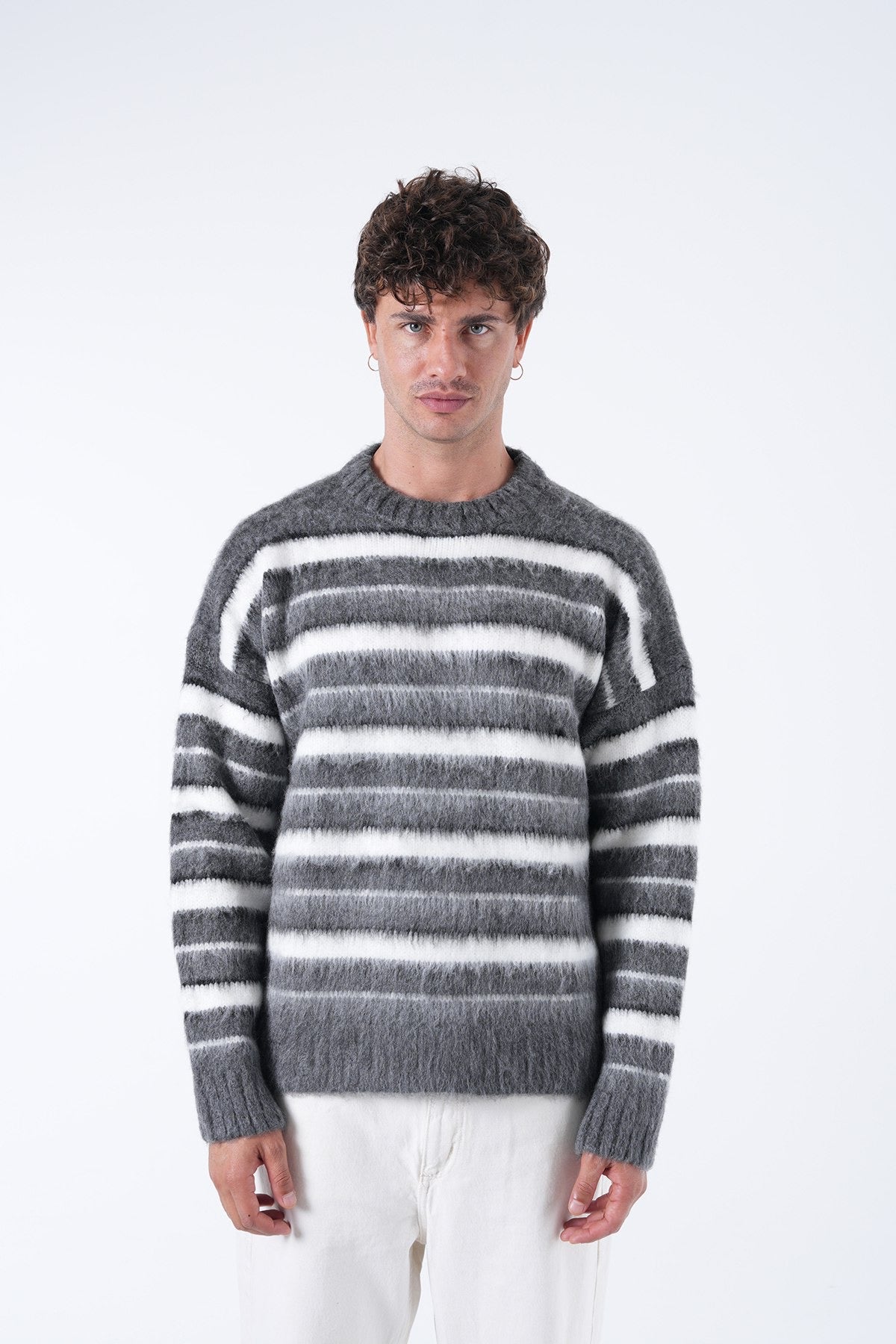 Striped Fuzzy Knit Sweater – Bold Comfort with Modern Edge