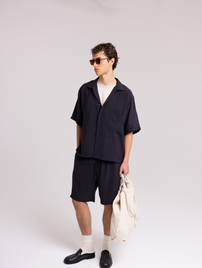 Men's Navy Short Set with Button-Up Shirt