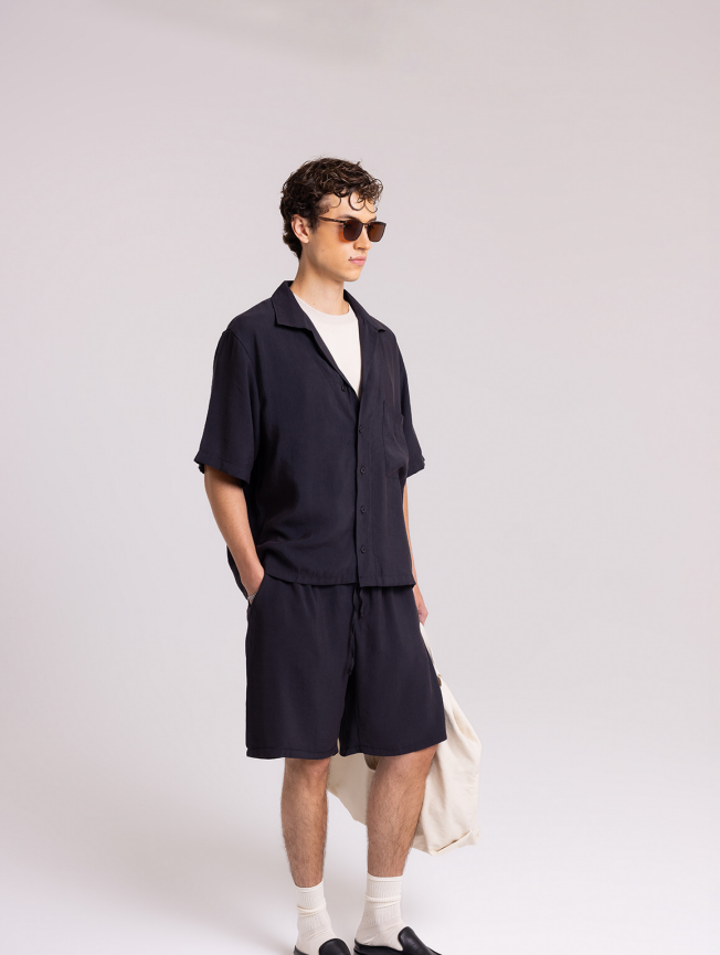 Men's Navy Short Set with Button-Up Shirt