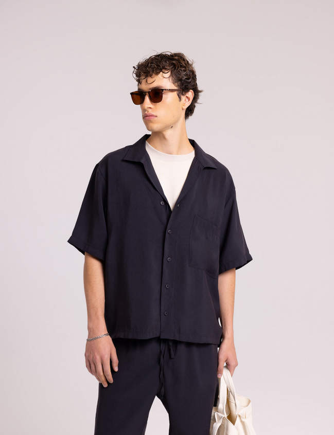 Men's Navy Short Set with Button-Up Shirt