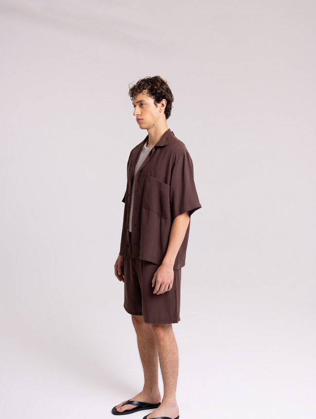 Men's Brown Camp Collar Shirt & Shorts Set