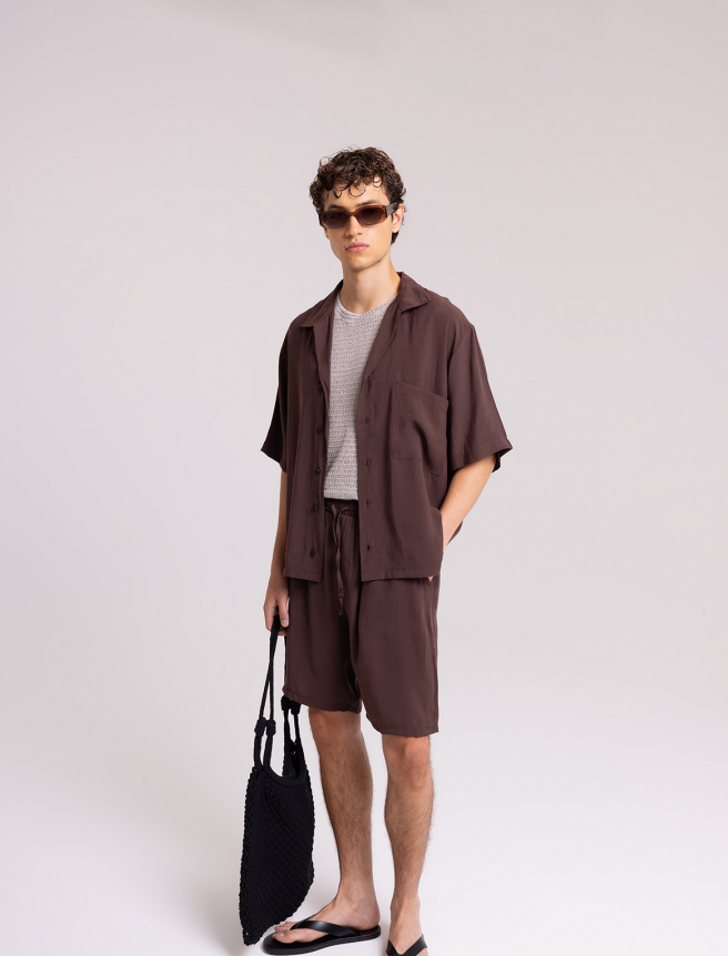 Men's Brown Camp Collar Shirt & Shorts Set