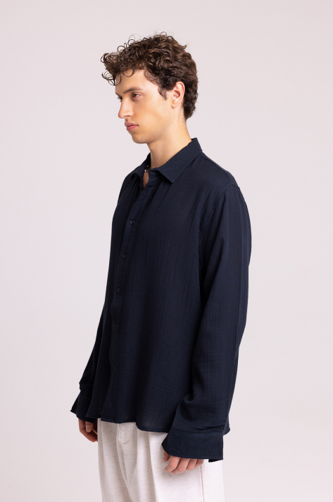Navy Textured Long Sleeve Shirt for Men