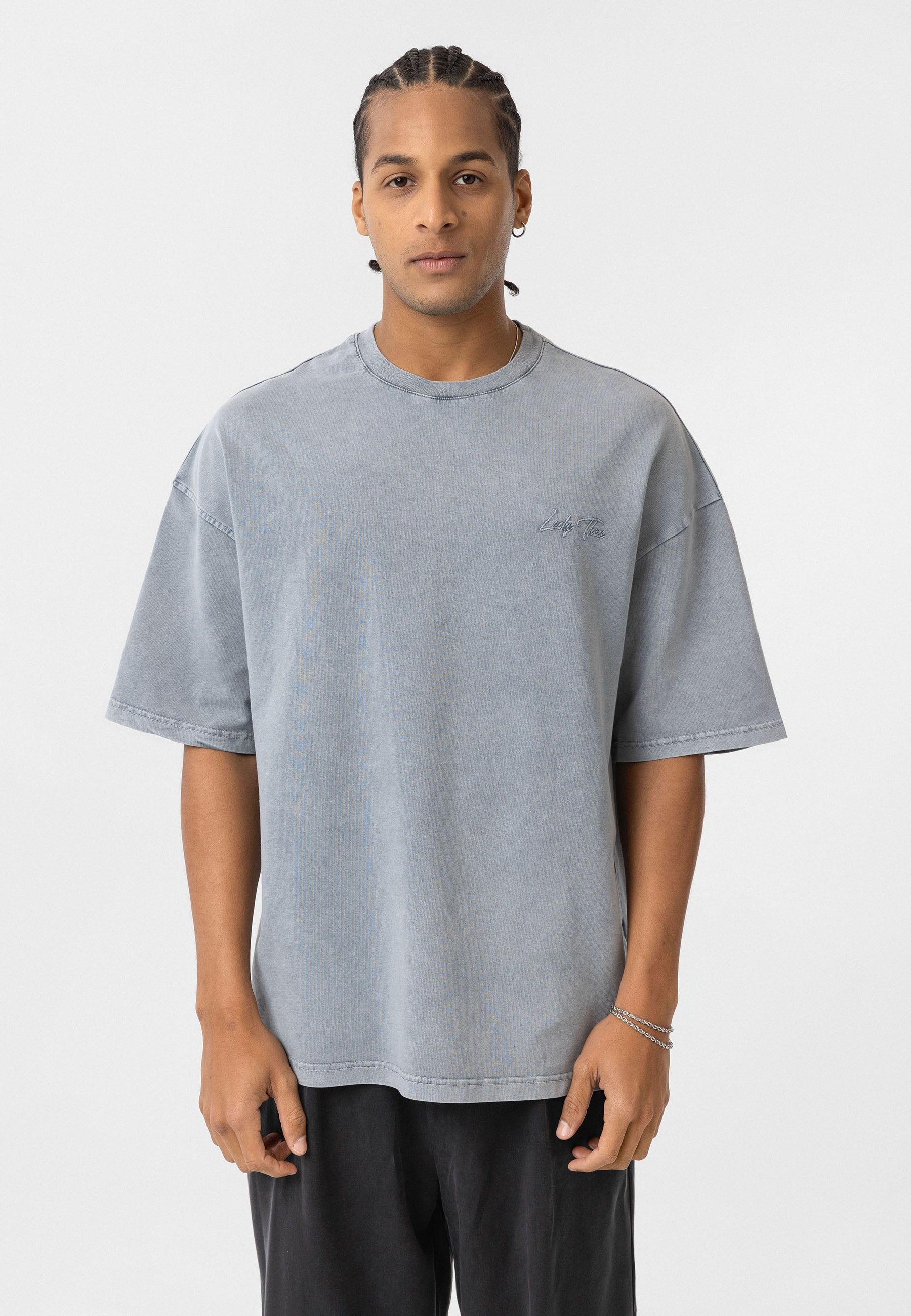 Washed Light Gray Oversized T-shirts – Relaxed Fit with Bold Back Print