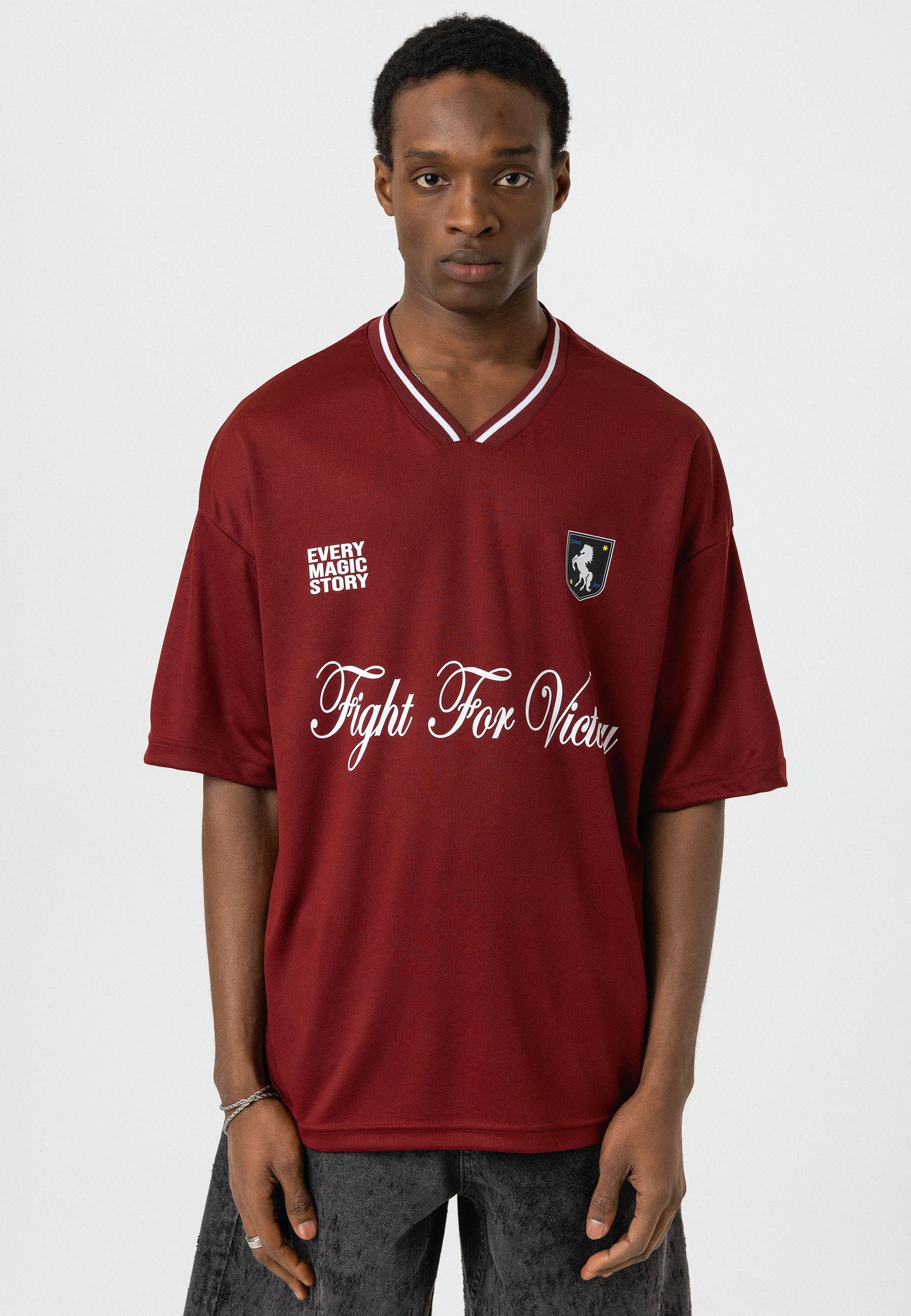 Rich Red Oversized “Fight for Victory” Jersey T-shirts – Sporty Street Edge