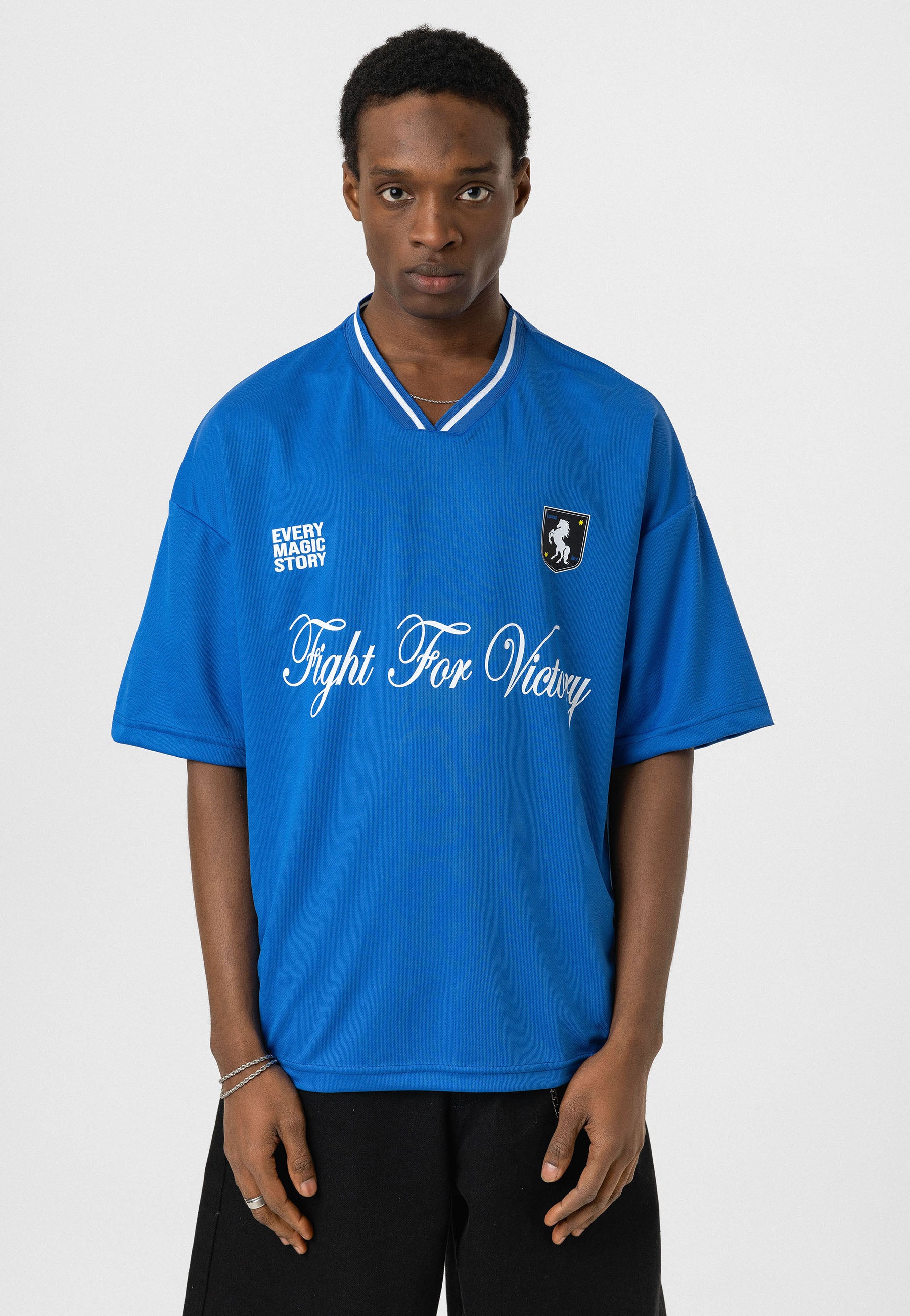 Saks Blue Oversized Jersey T-shirts – Athletic Prints with Relaxed Appeal