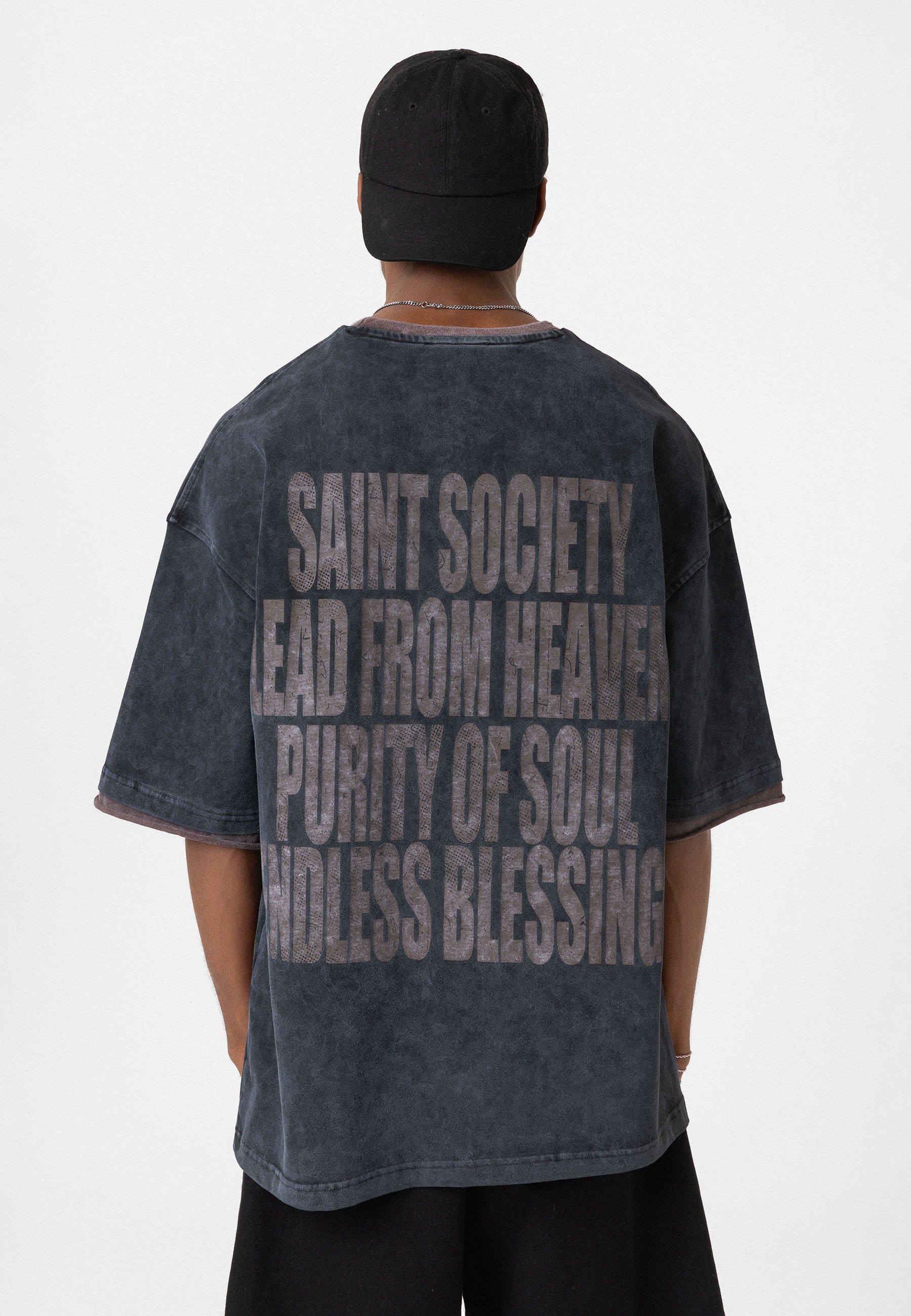 Charcoal Washed Oversized Distressed T-shirts Bold Logo Meets Raw Texture