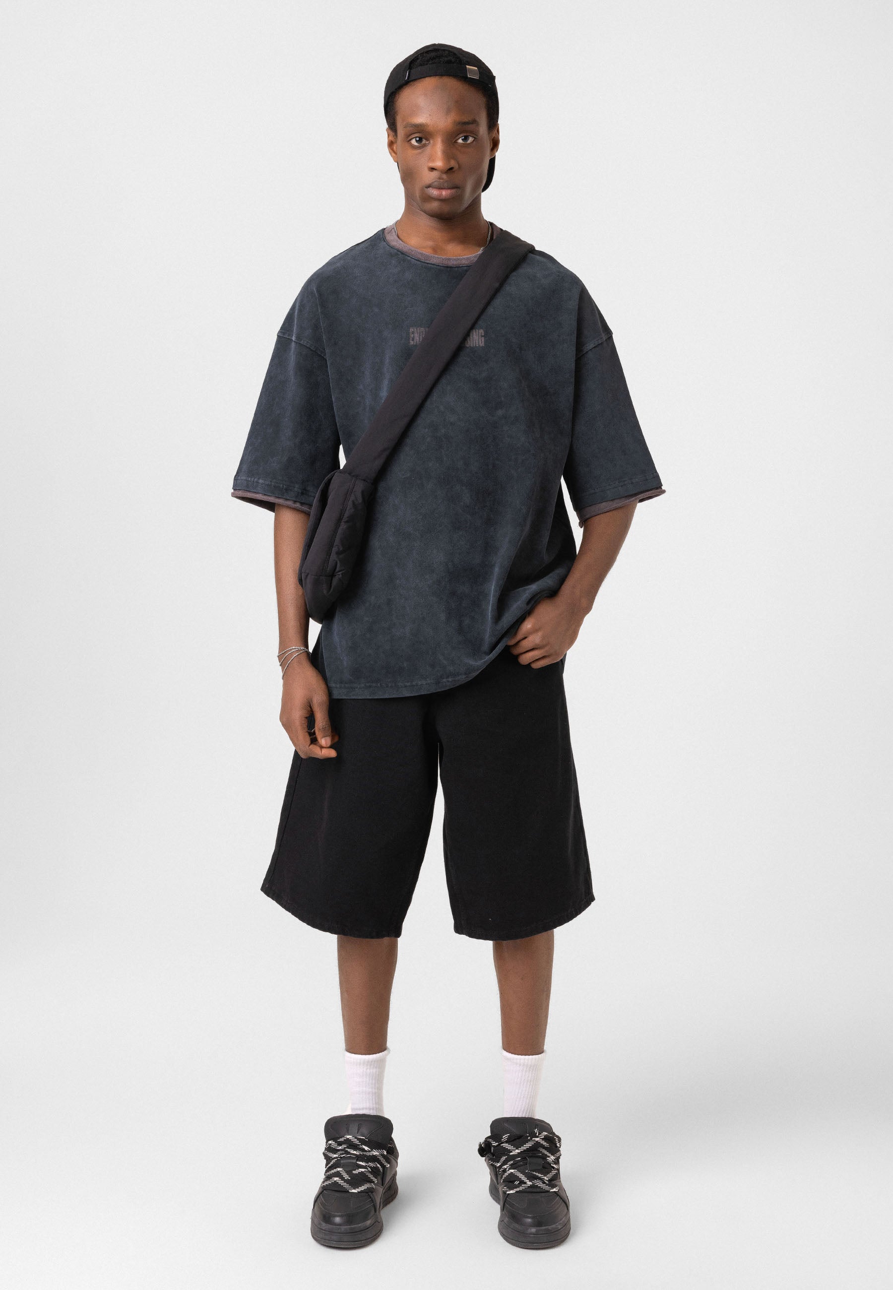 Charcoal Washed Oversized Distressed T-shirts Bold Logo Meets Raw Texture