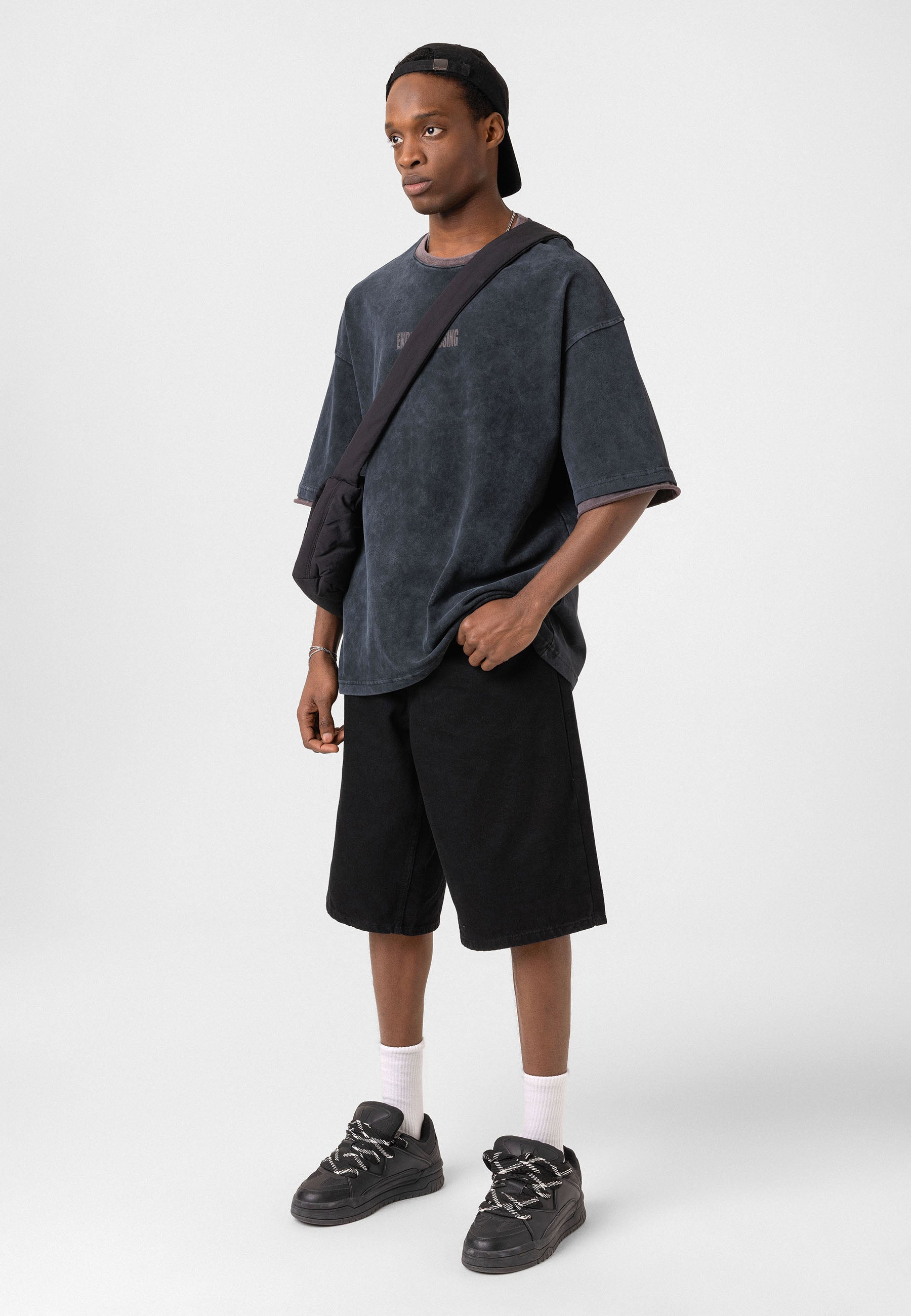 Charcoal Washed Oversized Distressed T-shirts Bold Logo Meets Raw Texture