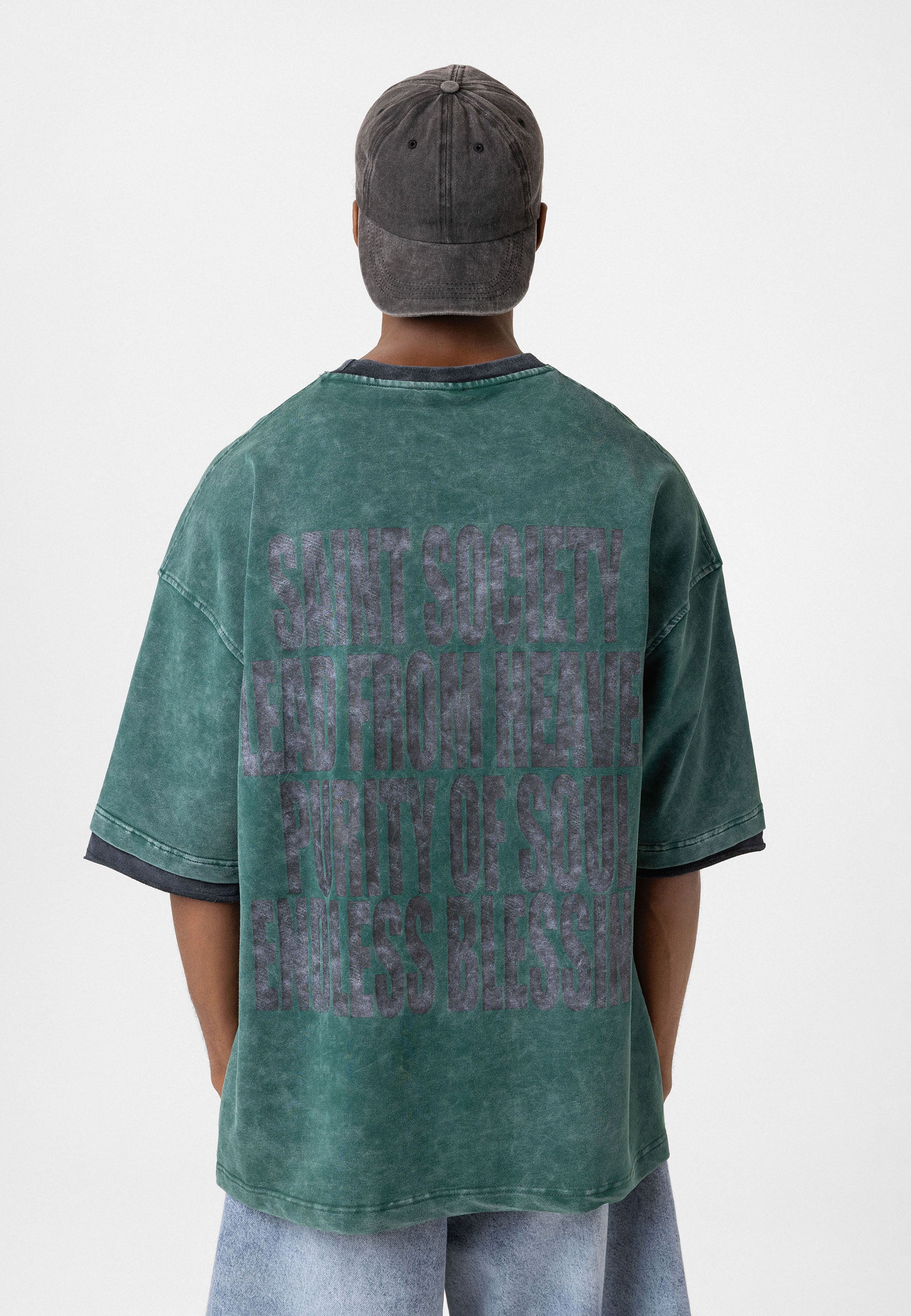 Charcoal Washed Oversized Distressed T-shirts Bold Logo Meets Raw Texture