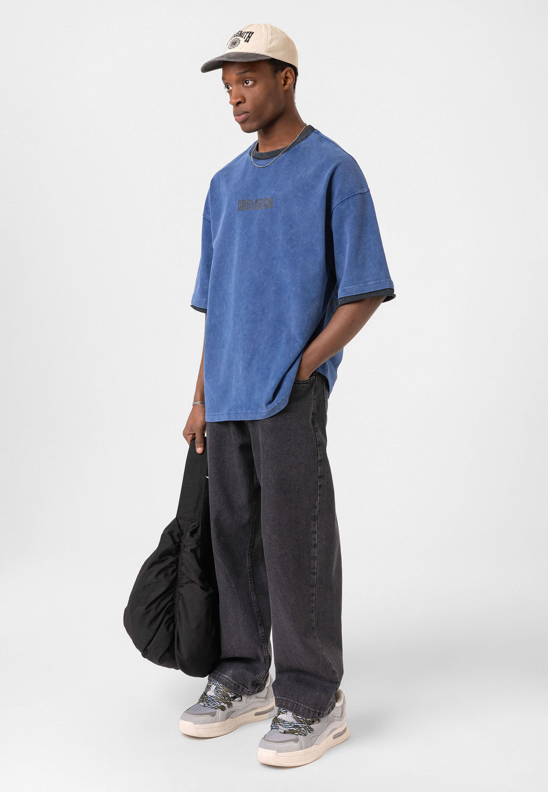 Charcoal Washed Oversized Distressed T-shirts Bold Logo Meets Raw Texture