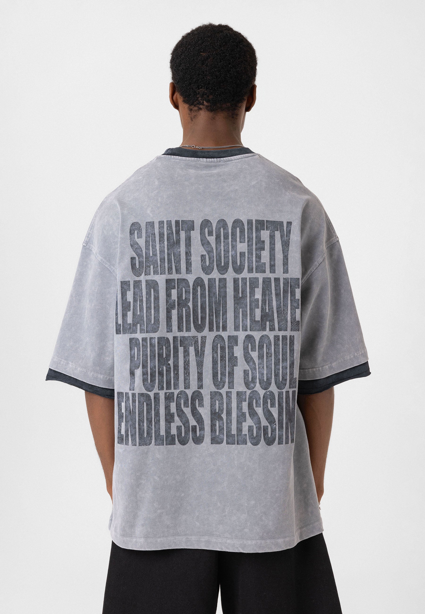 Charcoal Washed Oversized Distressed T-shirts Bold Logo Meets Raw Texture