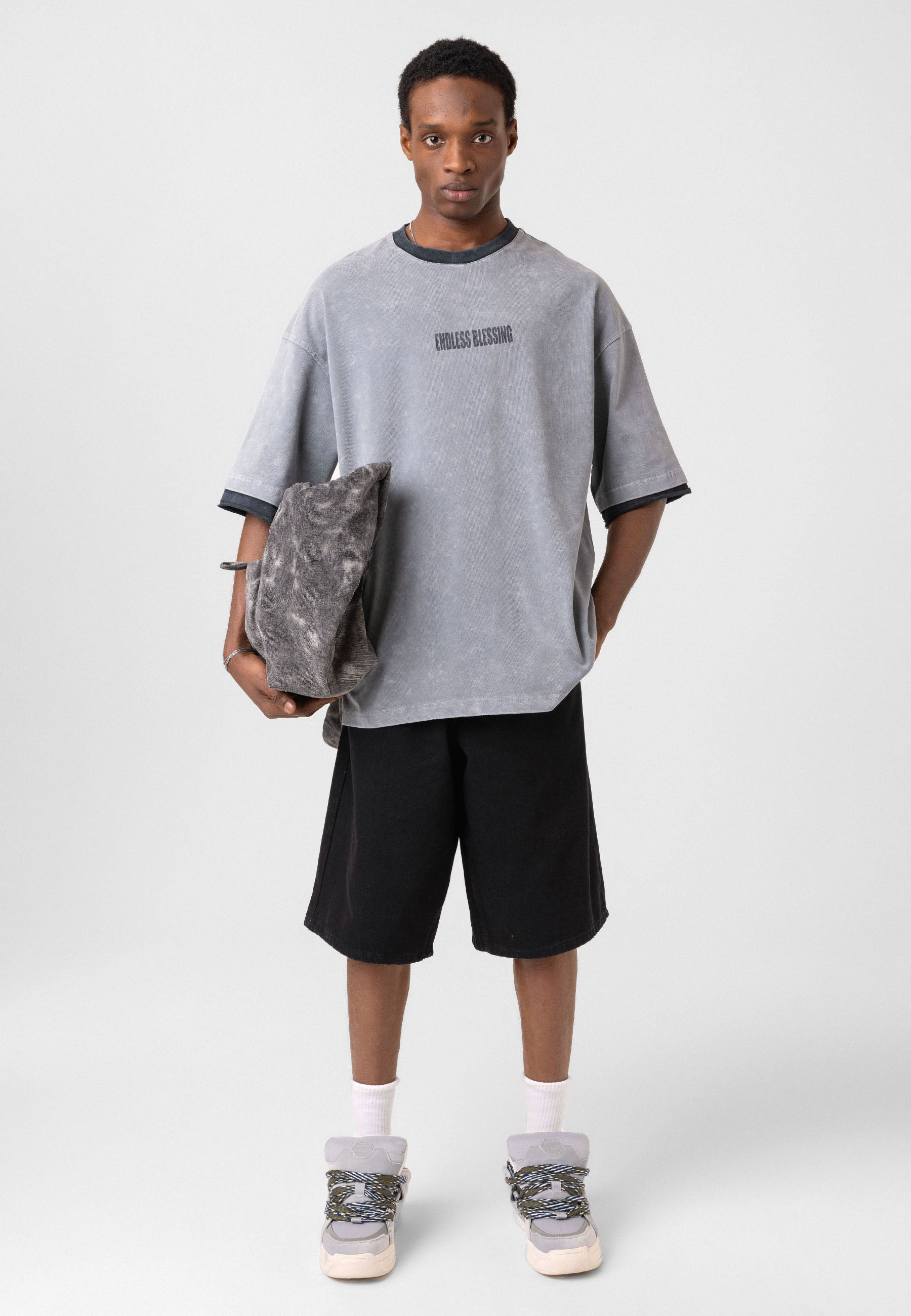 Charcoal Washed Oversized Distressed T-shirts Bold Logo Meets Raw Texture