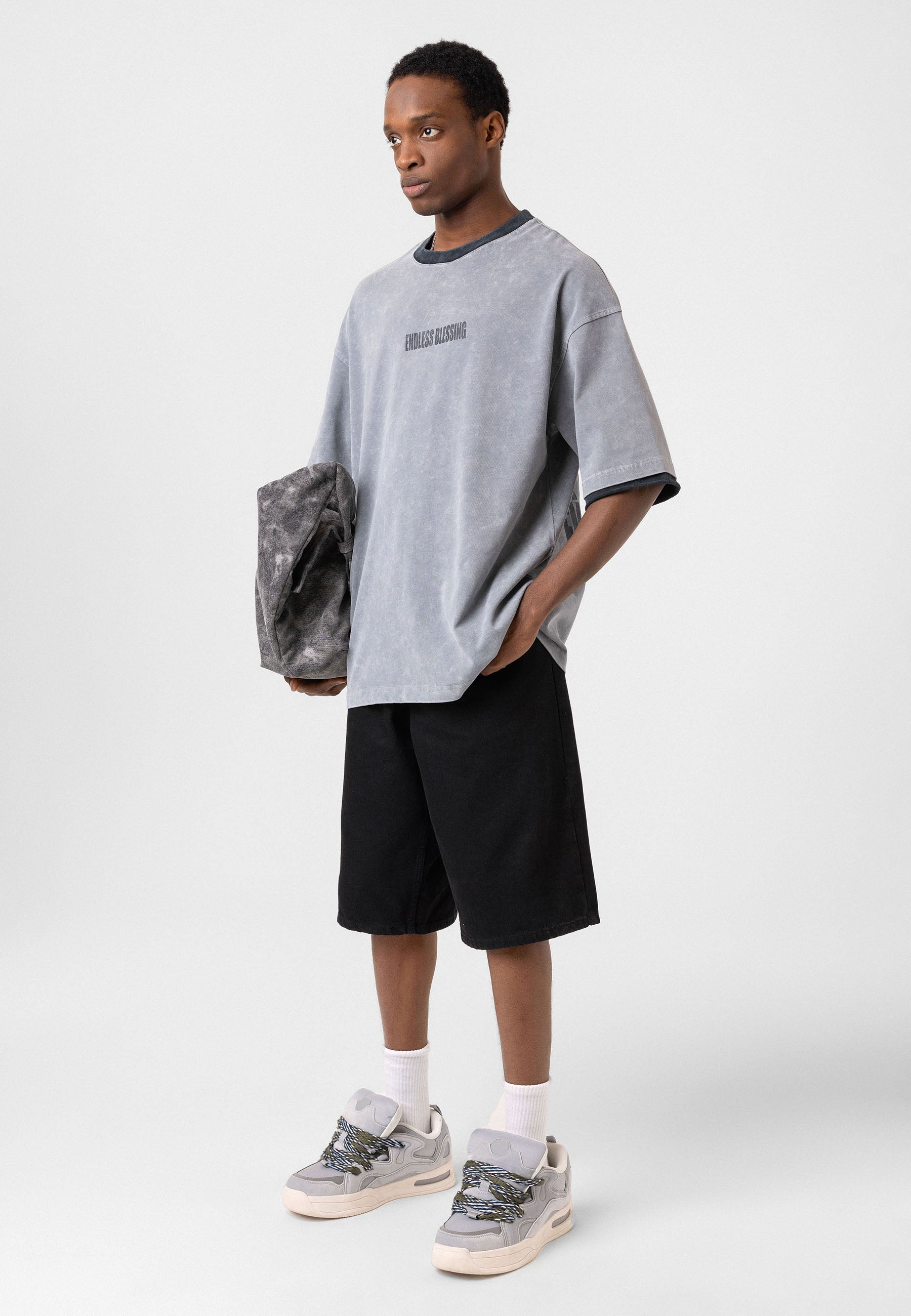 Charcoal Washed Oversized Distressed T-shirts Bold Logo Meets Raw Texture