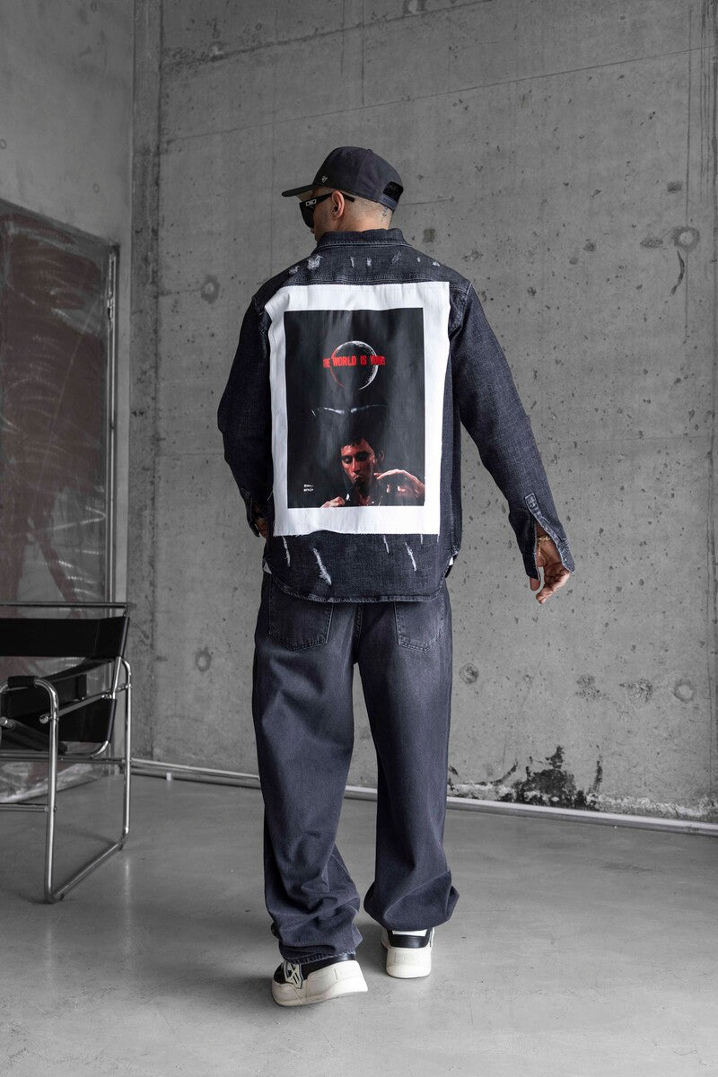 AL PACINO PRINTED DENIM JACKET SETS BLACK 16973