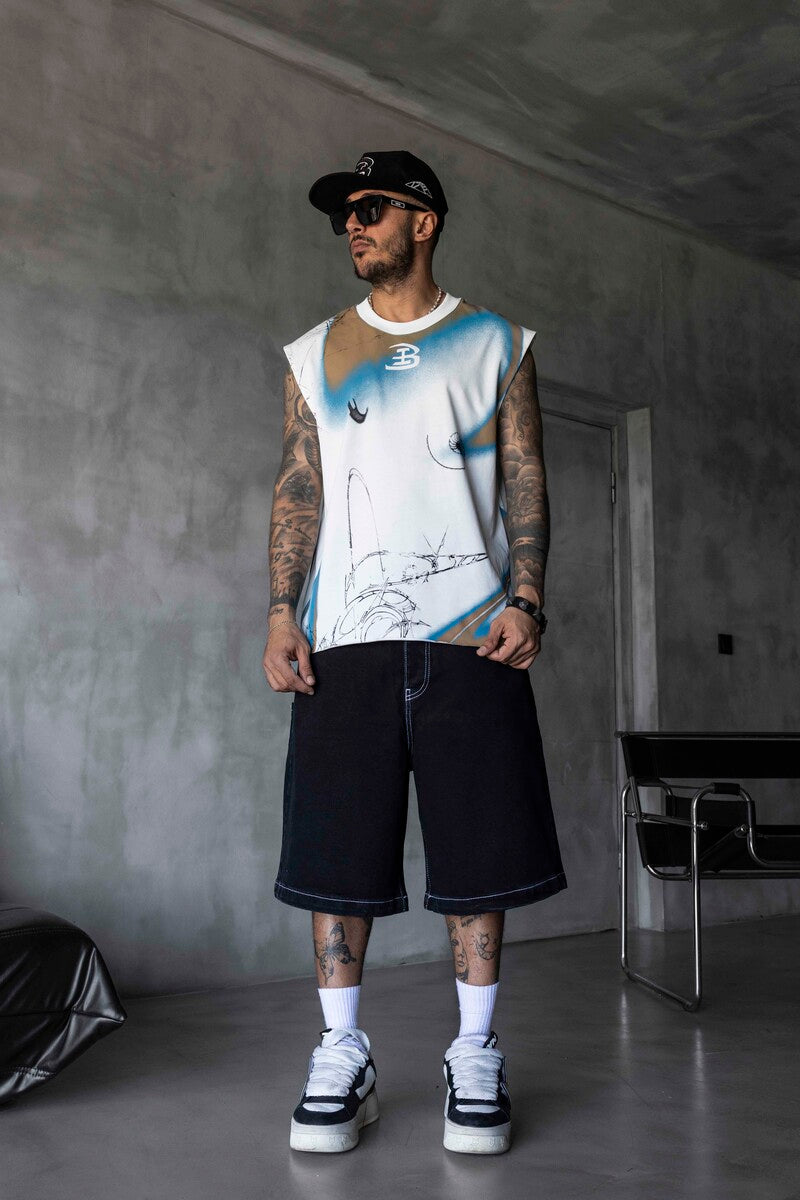 B Printed White Singlet 1886