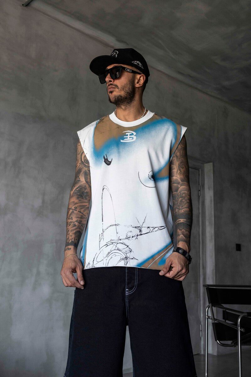 B Printed White Singlet 1886