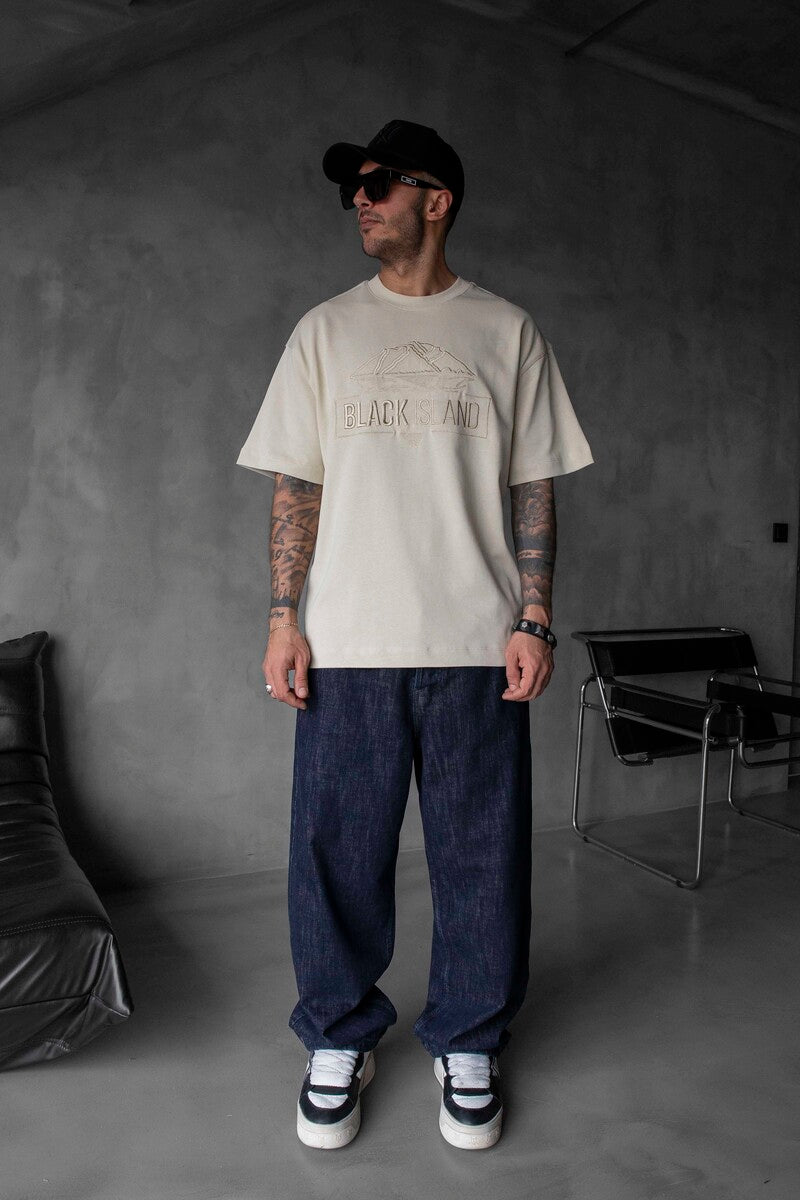 Black Island Logo Printed Beige T-shirt 1842