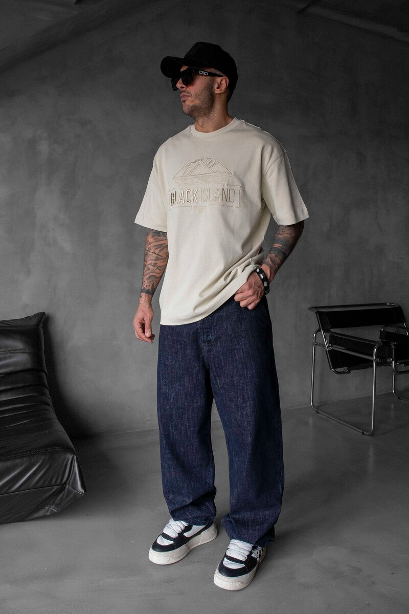 Black Island Logo Printed Beige T-shirt 1842