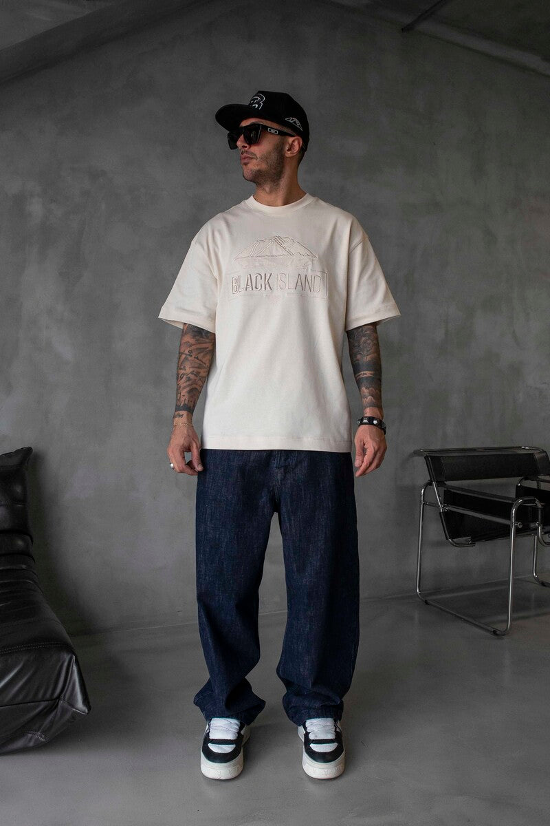 Black Island Logo Printed Light Beige T-shirt 1842