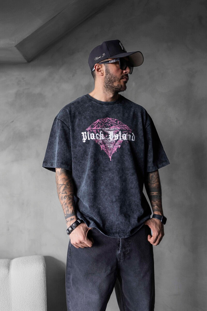 BLACK ISLAND PRINTED WASHED T-SHIRT BLACK 1804