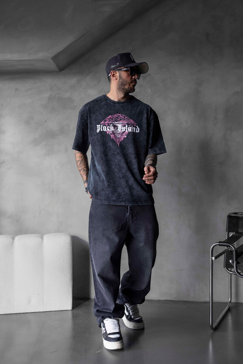 BLACK ISLAND PRINTED WASHED T-SHIRT BLACK 1804