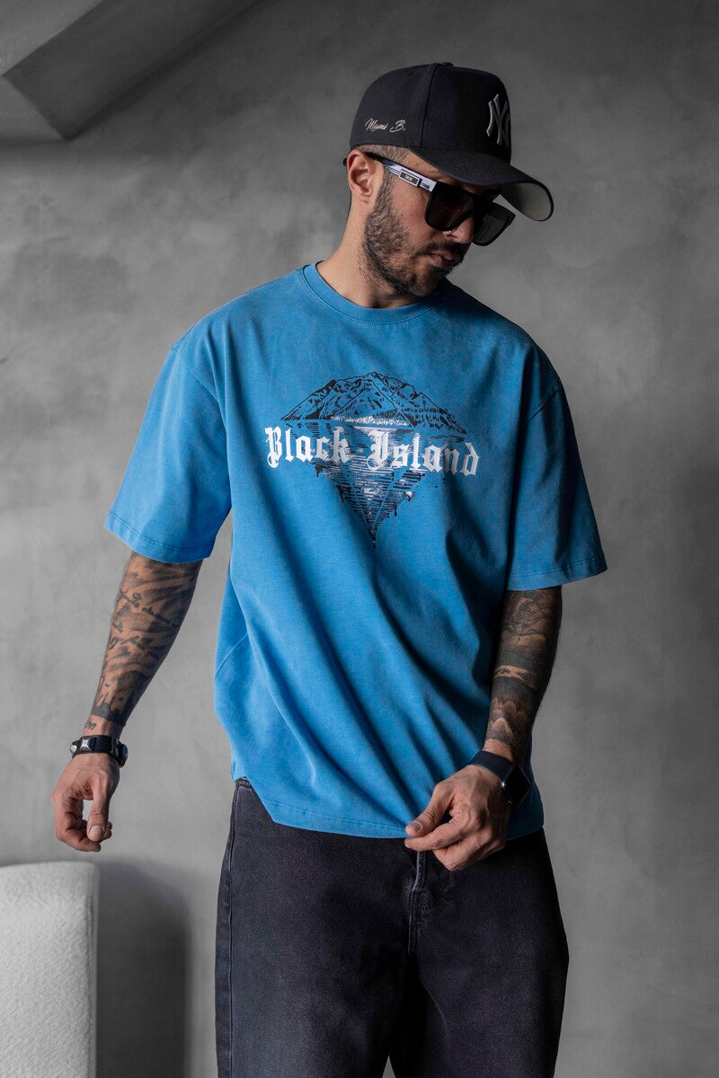 BLACK ISLAND PRINTED WASHED T-SHIRT BLUE 1804