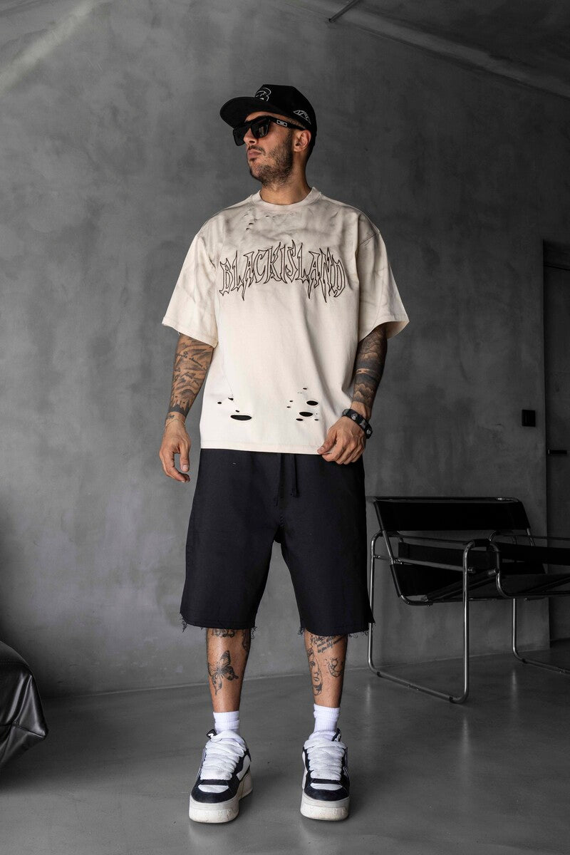 Black Island Printed Washed T-shirts Beige 1875