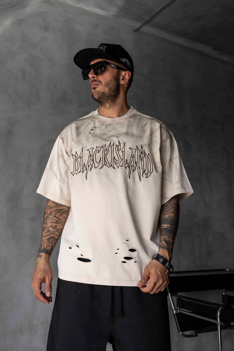 Black Island Printed Washed T-shirts Beige 1875