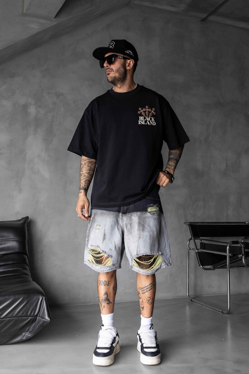 Black Island Printed Washed T-shirts Black 1868