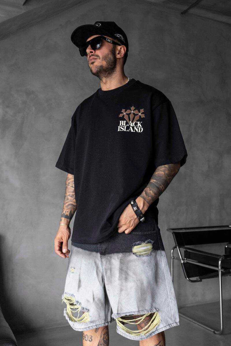Black Island Printed Washed T-shirts Black 1868