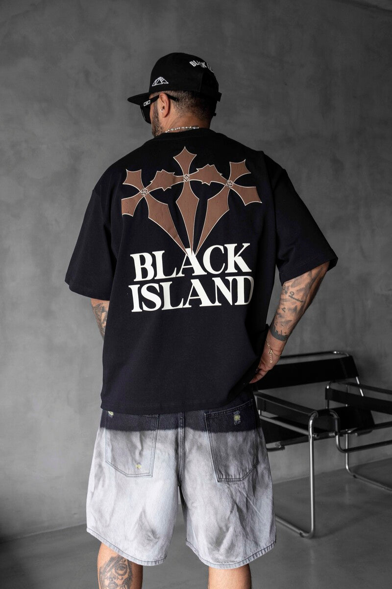 Black Island Printed Washed T-shirts Black 1868