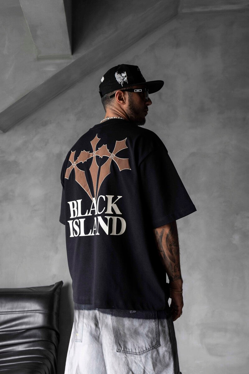 Black Island Printed Washed T-shirts Black 1868